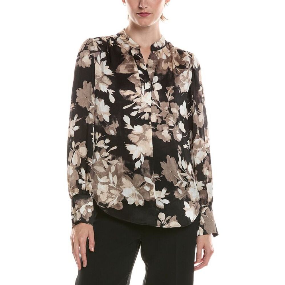 Anne Klein Womens V-Neck Printed Satin Top, Black